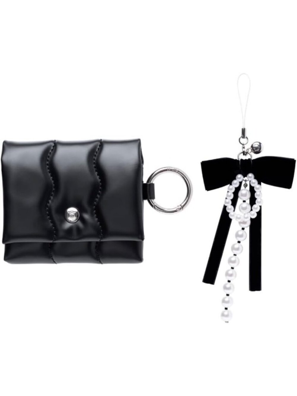 Stylish Black Earbuds Pouch for AirPods & Buds + Velvet Ribbon Phone Charm